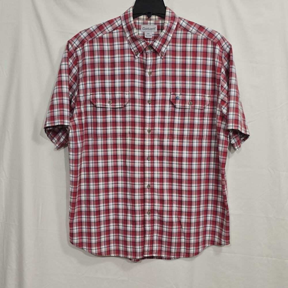 Carhartt Men's 2XL Red White Blue Plaid Cotton Woven Button-Down SS Pockets